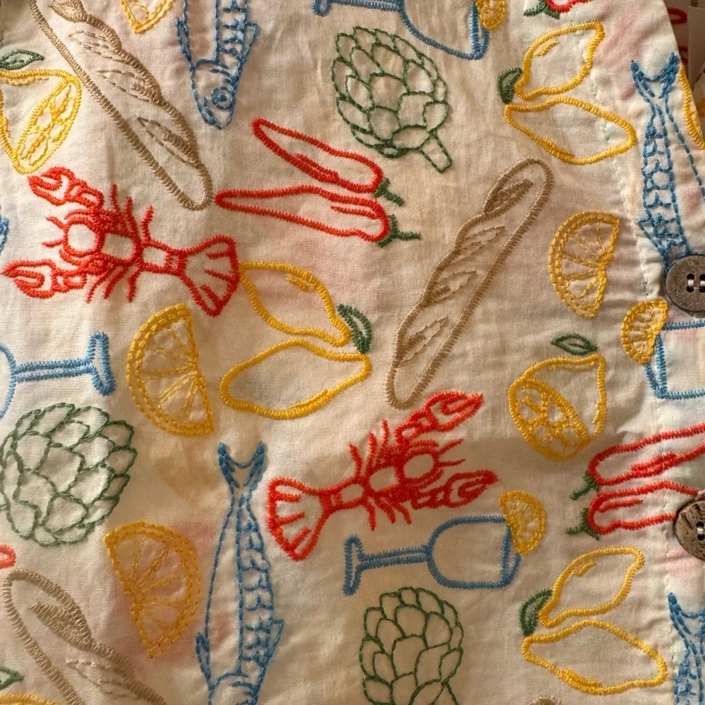 NWT Cynthia Rowley Embroidery Design Citrus and Seafood Print Shirt Size L - Picture 3 of 9